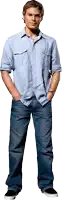 a man with his hands in his pockets is wearing a light blue shirt