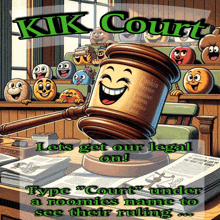 a poster for kik court shows smiley faces in a courtroom