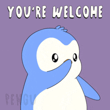 a penguin with a heart and the words " you 're welcome " behind it
