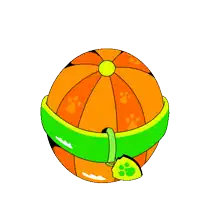 an orange ball with a green collar and a paw print tag attached to it