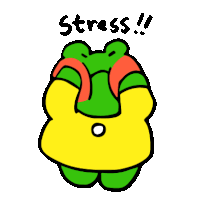 a cartoon of a frog wearing a yellow shirt with the word stress written above it