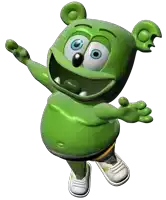 a green gummy bear with blue eyes is wearing white sneakers