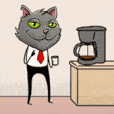 a cartoon of a cat holding a cup of coffee