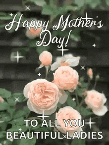 a happy mother 's day greeting card with roses and the words `` to all you beautiful ladies '' .