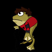 a frog wearing a red sweater with a spider on it
