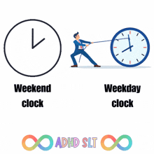 a cartoon of a man pulling a clock with the words weekend clock below it
