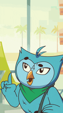 a cartoon owl with a green scarf around its neck is giving a thumbs up
