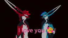 two furry animals standing next to each other with the words " i love you " written above them