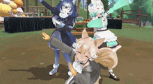 three anime characters are posing for a picture in front of a picnic table