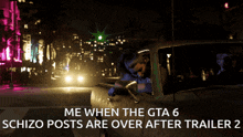a picture of a woman in a car with the caption me when the gta 6 schizo posts are over after trailer 2