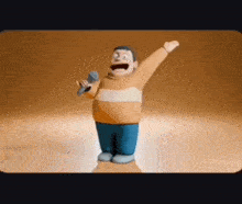 a cartoon character is holding a microphone in his hand and singing into it .