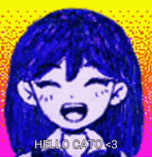 a cartoon girl with blue hair is smiling and says hello cato < 3