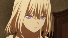 a blonde anime girl with purple eyes is looking at the camera
