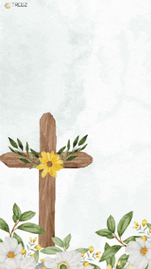 a happy easter card with a wooden cross and white flowers