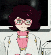a cartoon girl with glasses and a pink sweater