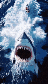 a shark with its mouth open and a boat behind it