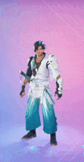 a man in a samurai costume is giving the peace sign