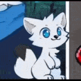 a white cartoon wolf with blue eyes is sitting next to a red button .