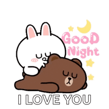 a bunny is putting a pillow on a brown bear and says good night