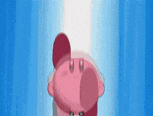 a pink cartoon character with a blue background