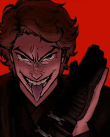 a drawing of a man holding a gun with his tongue hanging out