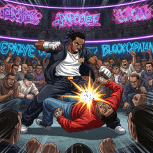 a cartoon drawing of two men fighting in front of a crowd with a sign that says block capatain on it