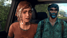 a man and a woman are sitting in a car and the man has a blue beard