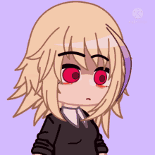 a drawing of a girl with red eyes and a purple stripe on her hair