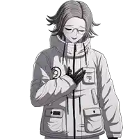 a black and white drawing of a person wearing a jacket with the letter tp on it