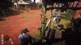 a video game screen shows a man standing on a porch looking at a white horse