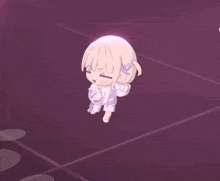 a little girl with blonde hair and blue eyes is dancing on a purple background