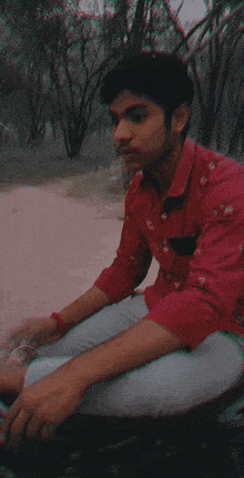 a young man wearing a red shirt is sitting on a motorcycle