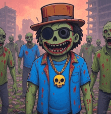 a cartoon of a zombie wearing a top hat and sunglasses surrounded by zombies