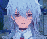 a close up of a girl with long white hair