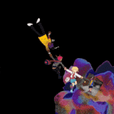 a group of people are flying through the air and one of them is wearing a yellow shirt that says nba