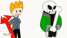a cartoon of a man holding a red arrow next to a cartoon of a skull holding a bone