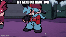 a cartoon character is holding a microphone and says " my genuine reaction " .