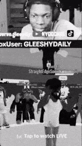 a black and white photo of a man with headphones and the words tap to watch live on the bottom