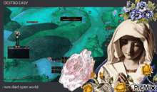 a picture of a woman with flowers and the words nvm died open world at the bottom