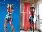a woman with green hair is standing in front of a red curtain