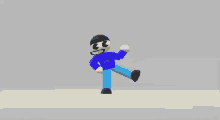 a cartoon character wearing a blue shirt and blue pants is dancing .