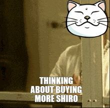 a cartoon of a cat with the words thinking about buying more shiro below it