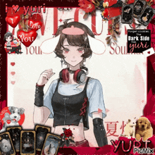 a picture of a girl with bunny ears and headphones surrounded by hearts and cards
