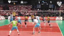 a volleyball game is being played in front of a crowd and a scoreboard that says katowice