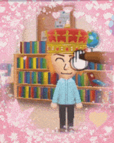 a cartoon character wearing a crown is standing in a library