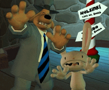a dog and a rabbit are standing next to a helsinki sign