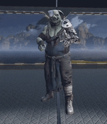 a video game character is standing on a metal floor holding a gun