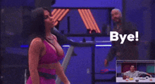 a woman in a pink top is standing in front of a treadmill with the words bye written on the bottom .