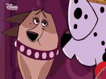 a cartoon dog with a purple collar and a disney channel logo behind it