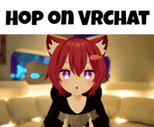 a picture of a red haired anime girl with the words hop on vrchat